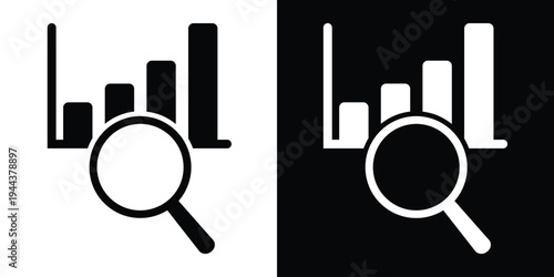 Minimalist icon featuring a magnifying glass focusing on a bar graph. Symbolizes data research, market analysis, financial audit, and detailed business inspection.