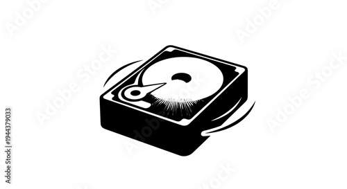 Hard Drive Data Loss Icon: Spinning Disk with Flying Particles, Symbolizing Corruption or Failure