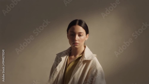 Young woman portrait neutral jacket and blouse with soft studio lighting linen hoodie back view and serene portrait conveying calm, sustainability