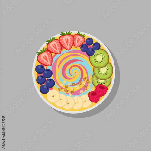 Healthy Swirl Smoothie Bowl with Banana, Strawberry, Kiwi, and Blueberry Illustration