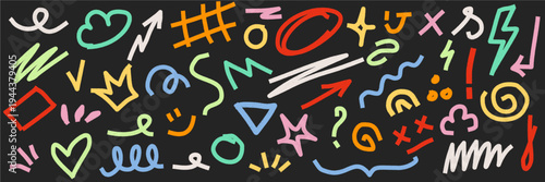 Decorative hand drawn doodle elements and icons set. Playful scribbles, arrows, stars, and shapes for digital scrapbooking, greeting cards, and creative graphic design.