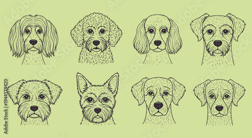 Sketch illustrations of various dog breeds in a pixelated style portrait arrangement Vector