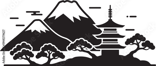 Traditional japanese pagoda standing beside serene mountains and trees