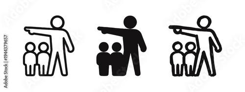 Leadership and guidance icons. Person pointing to a group, representing direction and team.