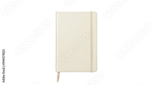 White hardcover journal with elastic closure and bookmark ribbon isolated on a transparent background