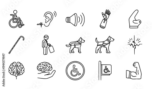 A set of black and white line art icons representing various disabilities and accessibility symbols