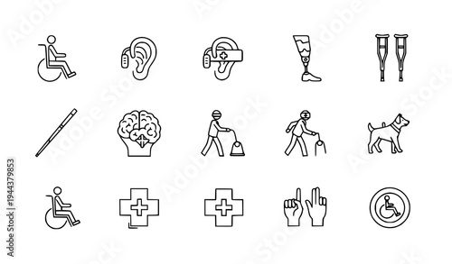 A set of vector icons representing various disabilities and accessibility symbols in a simple, flat design style.