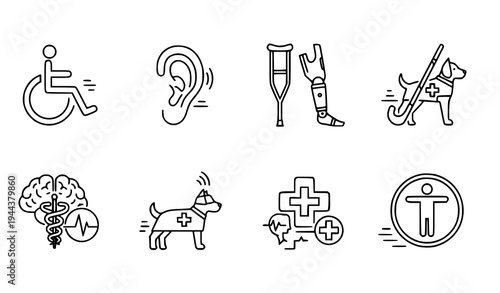 A set of medical icons illustrating various health and disability symbols in a flat, minimalist design style.