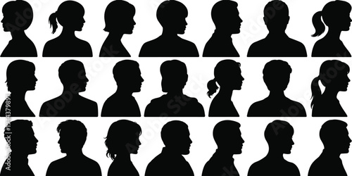 Silhouette profiles of twenty diverse human heads with unique hairstyles and shapes, arranged in rows for design and identification illustration