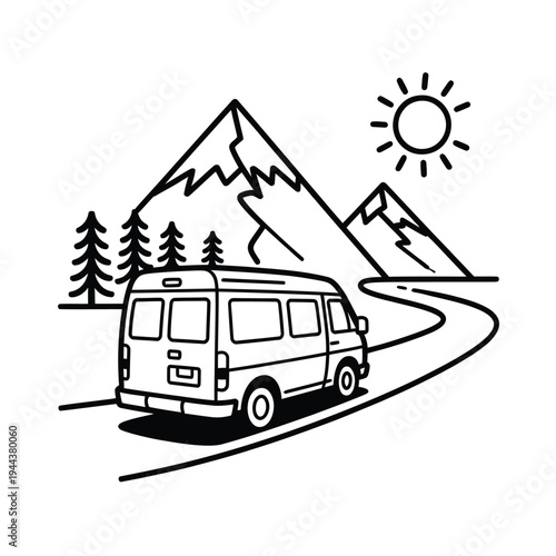 A vintage camper van travels along a winding road with mountain scenery