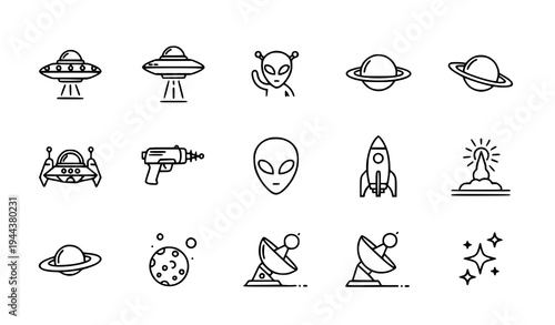 A set of minimalist space icons featuring various celestial objects and spacecraft