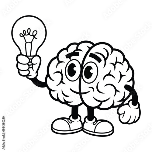 A cartoon brain character playfully holds a glowing lightbulb above