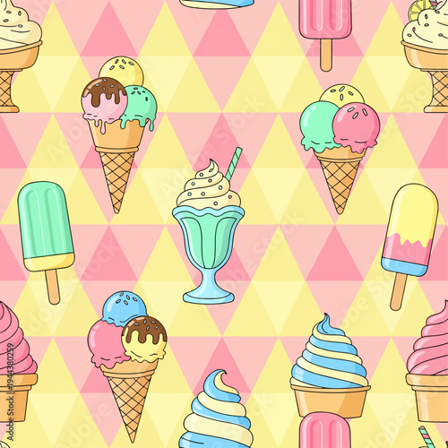 Sweet dessert themed background with illustrated ice cream cones fruity popsicles and sundaes arranged across soft pink.