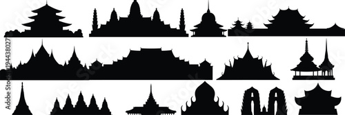 Silhouettes of Asian temples, pagodas, and shrines representing traditional East and Southeast Asian architecture and cultural heritage