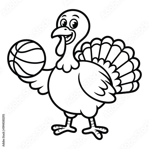 Cartoon turkey playfully holding a basketball in a black and white illustration