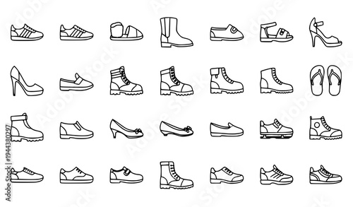 A collection of various shoe types illustrated in a minimalist line art style
