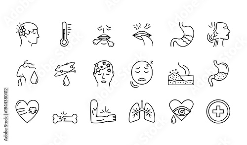 A set of line art medical icons illustrating various health symptoms and body parts