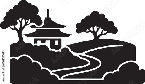 Traditional japanese pagoda nestled in a serene landscape with winding paths