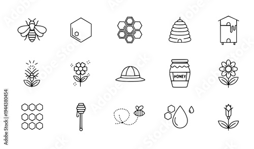 A set of minimalist line art icons depicting bees, honeycombs, and flowers on a transparent background