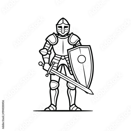 A black and white line drawing depicting a knight in full armor