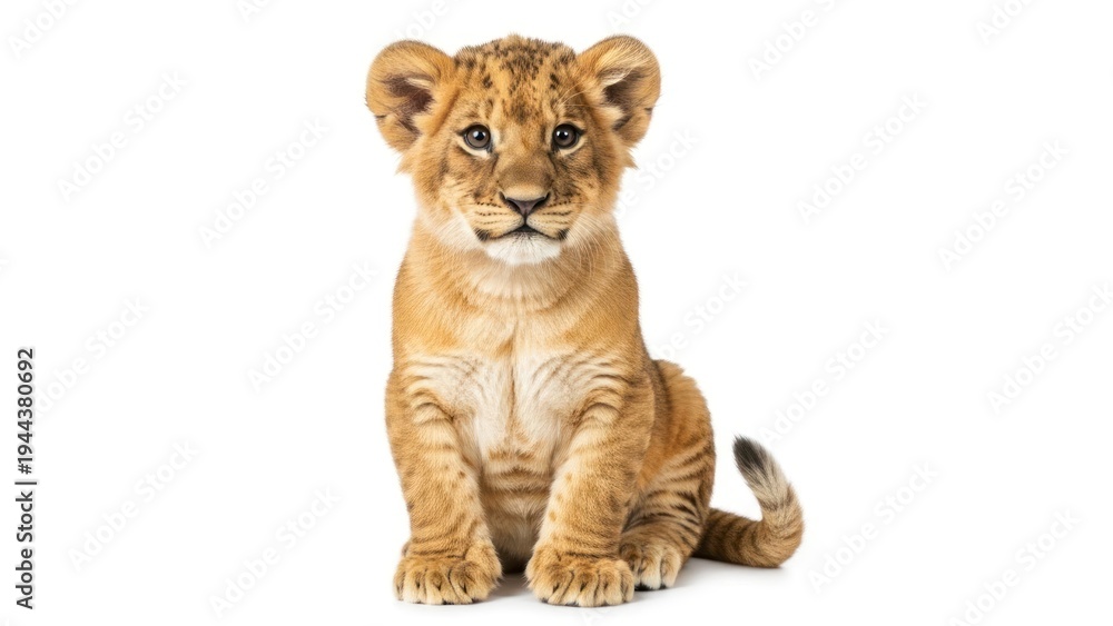 Obraz premium Cute lion cub sitting down.