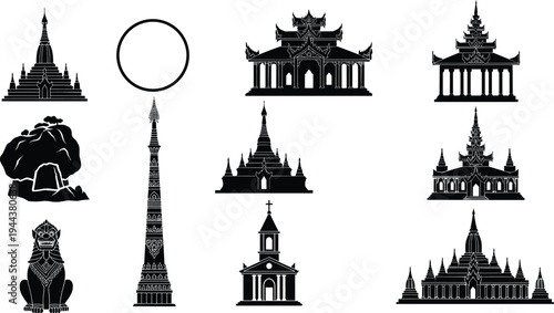 Myanmar Landmark Silhouette Vector Collection Featuring Shwedagon Pagoda Bagan Temples Golden Rock Kyaiktiyo Chinthe Lion and Traditional Burmese Buddhist Architecture Icons for Travel Design