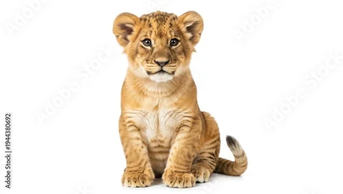 Fototapeta Cute lion cub sitting down.