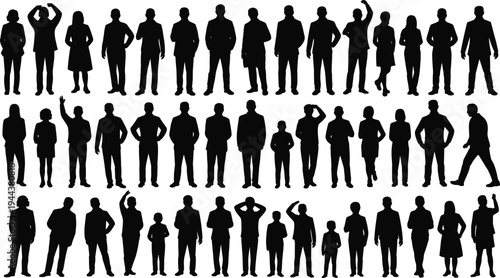 Silhouettes of diverse people in multiple rows, standing, walking, and gesturing, representing human posture, diversity, and body language illustration