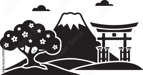 Serene landscape featuring a torii gate, cherry blossoms, and iconic mountain under a tranquil sky