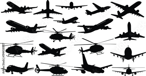 Aviation Collection Featuring Airplane and Helicopter Silhouettes Set for Commercial Flight Aerospace Industry Travel Agency Design and Global Transportation Logistics Vector Graphics
