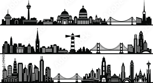 City skyline silhouette vector illustration set featuring urban landscapes, famous landmarks, bridges, skyscrapers, architectural buildings, lighthouse, and town horizons for commercial graphic design