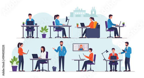 Modern Office Workplace: Diverse Professionals Collaborating, Working Remotely, and Communicating in a Dynamic Business Environment