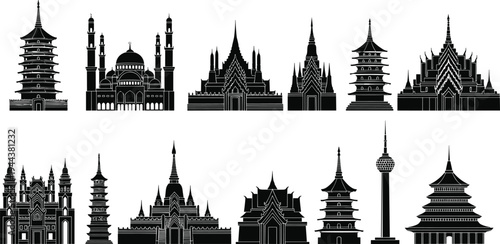 Asian Landmarks Silhouette Set, Featuring Oriental Pagodas, Islamic Mosques, Buddhist Temples, Traditional Shrines, and Cultural Monument Vector Icons for Travel Design and Creative Illustration