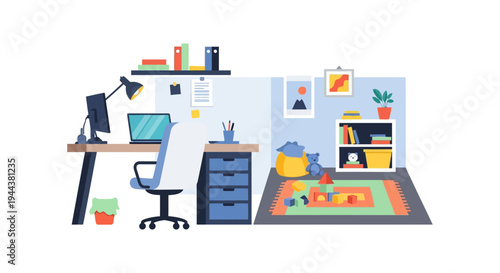 Work-Life Balance: Modern Home Office with Integrated Children's Play Area Illustration