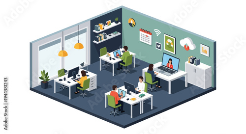 Isometric Modern Office Illustration: Team Working on Computers, Laptops, and Video Calls in a Productive Workspace Environment.