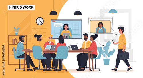 Hybrid Work Collaboration: Diverse Team Blends In-Office Meetings with Remote Video Conferencing for Flexible Business Productivity