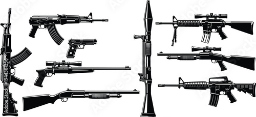 Military Weapon Silhouette Vector Collection Featuring Assault Rifles Sniper Guns Shotguns and Rocket Launchers for Tactical Combat Gaming Defense and Security Industry Graphic Design