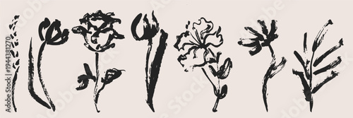 Hand drawn floral botanical sketches set. Organic ink flower illustrations for eco friendly branding, wedding stationery, and natural lifestyle graphic design.