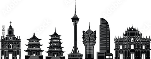 Macau city skyline silhouette vector illustration featuring Macau Tower, Ruins of St Pauls, Grand Lisboa, and famous landmarks for China travel design