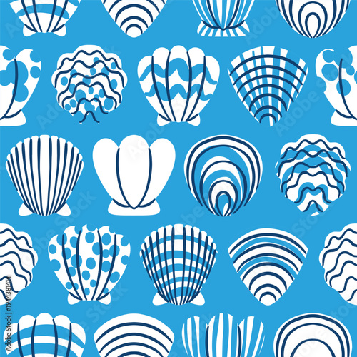 An elegant nautical vector seamless pattern featuring various seashells in white and shades of blue. Decorative stripes, waves, and dots create a sophisticated maritime aesthetic on a cyan base.