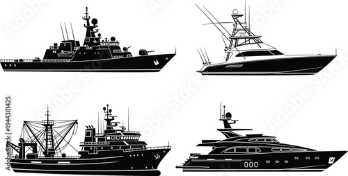 Set of ship silhouettes including luxury yacht, fishing boat, military naval vessel, and sport fishing boat, flat vector illustration for maritime design