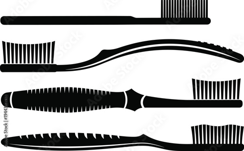 Set of toothbrush silhouettes featuring various handle designs and bristle shapes for dental care, oral hygiene, bathroom accessories, and healthcare vector illustrations