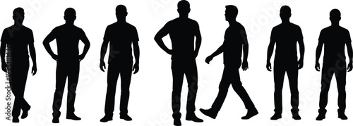 Set of young man silhouettes in various poses including standing, walking, and posing in casual clothing, flat vector illustration for commercial design