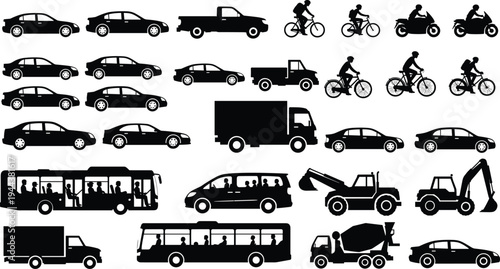 Urban Transportation Silhouette Set, Featuring Sedans, Delivery Trucks, Public Buses, Cyclists, Motorbikes, and Heavy Construction Vehicles for Traffic, City Logistics, and Automotive Vector Design