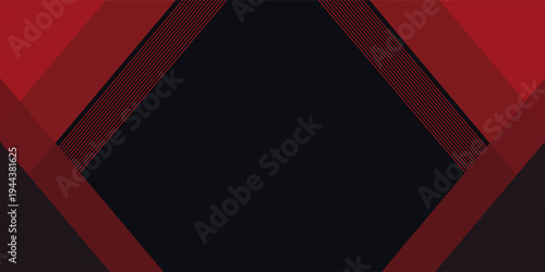 Geometri 3d modern membentuk garis hitam dengan batas merah pada latar belakang gelap. Garis merah terang mewah dengan efek metalik.modern