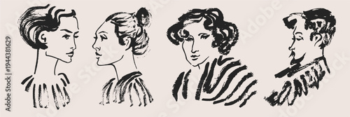 Modern female portraits in loose charcoal sketch style. Sophisticated hand drawn profiles for boutique branding, fashion posters, and artistic graphic design.