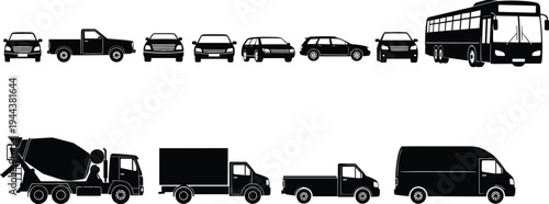 Vehicle Silhouette Set, Featuring Car, Truck, Bus, Van, Delivery Lorry, and Construction Mixer Icons for Logistics, Transportation, Traffic, and Urban Automotive Vector Design