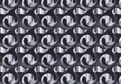Metallic Chrome 3D Fluid Geometric Pattern with Polished Silver Waves on Dark Charcoal