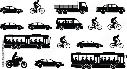 Transportation vector silhouette set featuring cars, buses, bicycles, motorcycles, trucks, and vans for urban traffic, city logistics, and automotive commercial graphic design projects