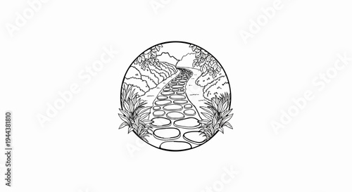 Circular image of a winding stone path through a natural landscape
